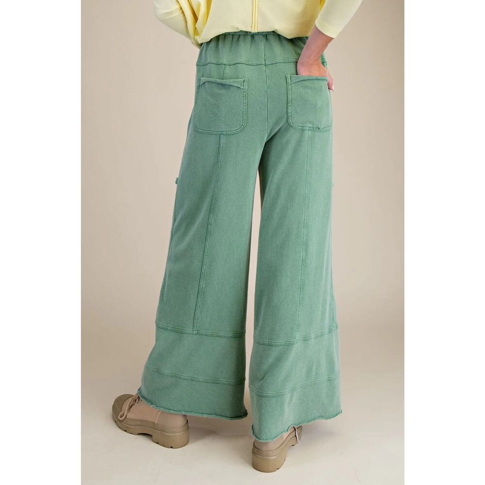 "Elora" French Terry Cargo Wide Leg Pants in Juniper Green - Picture 4 of 4